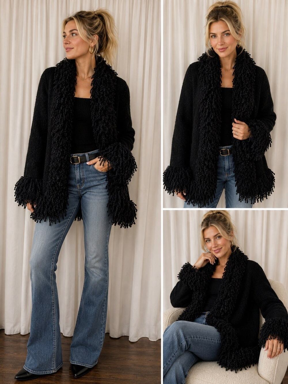 HALUKOKO Women’s Black Knit button Cardigan Sweater Fringe Trim Size M
